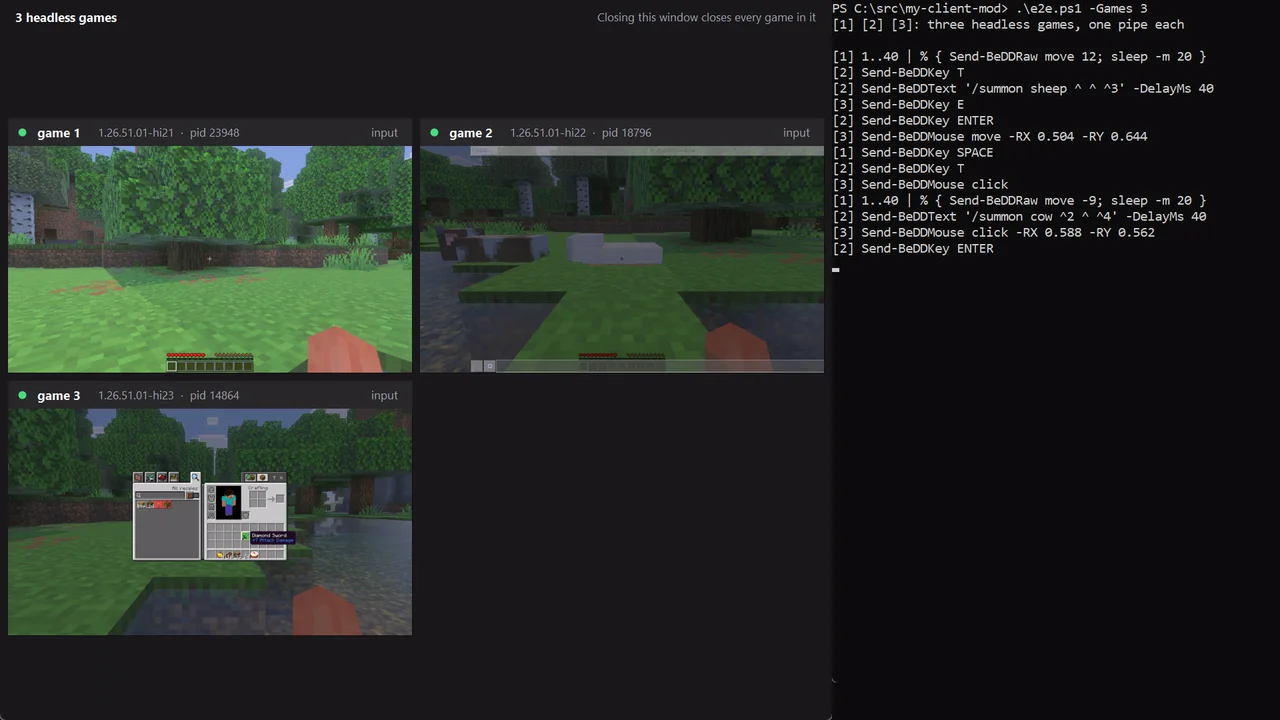The manager window with three headless games next to the terminal running the script
