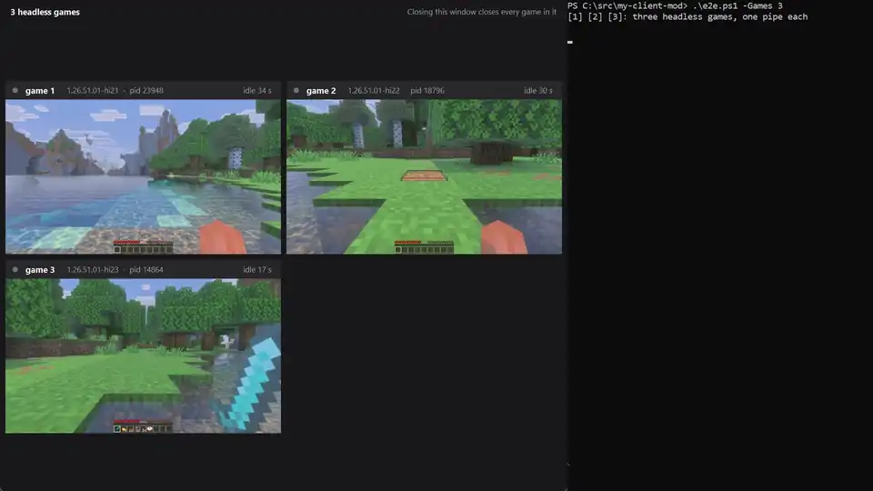 Three headless Minecraft games react to a test script in the manager window